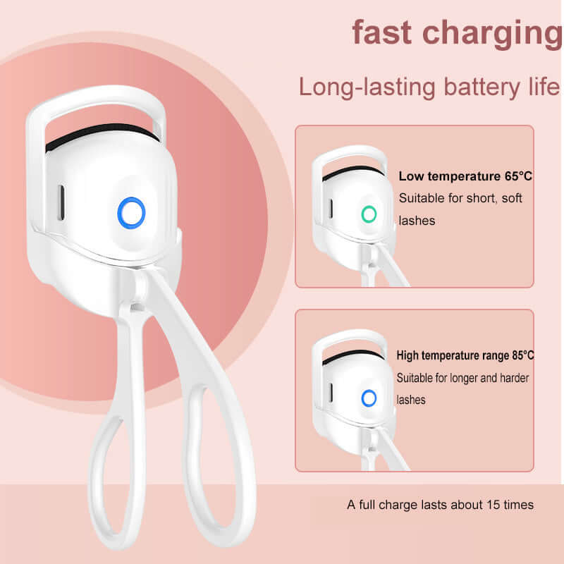 Portable electric eyelash curler with fast charging, suitable for various lash types, featuring low and high-temperature settings.