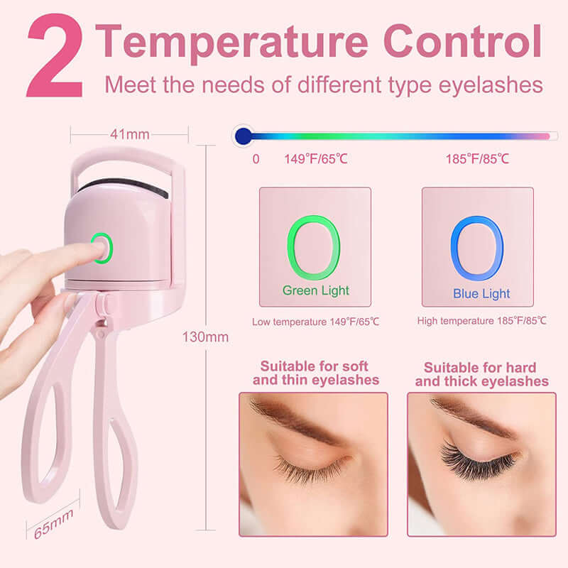 Eyelash curler with temperature control features for different eyelash types and quick heating functionality.