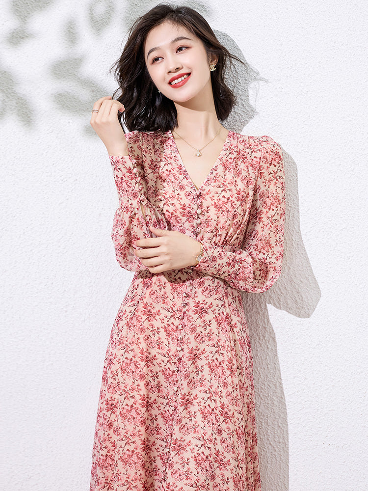Women's Pink Floral Temperament Waistband Skirt