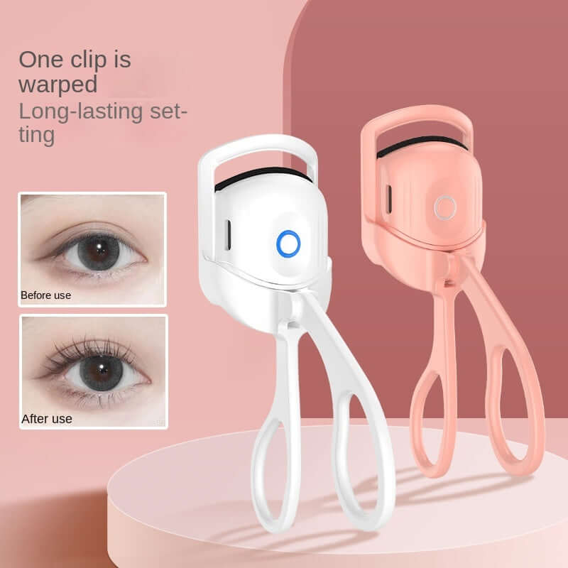 Portable electric heated eyelash curlers in white and pink, showing before and after results for lasting curls.
