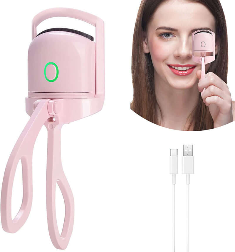 Portable electric eyelash curler in pink, demonstrating easy use for long-lasting curls with USB charging.