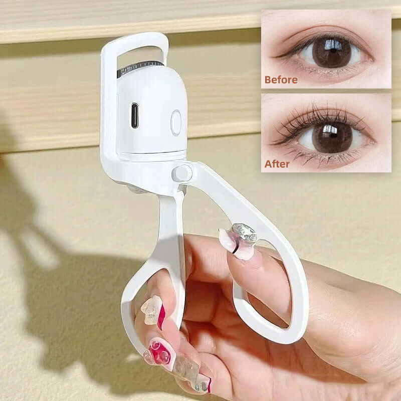 Portable electric heated eyelash curler showing before and after effects for instant beautiful curls.