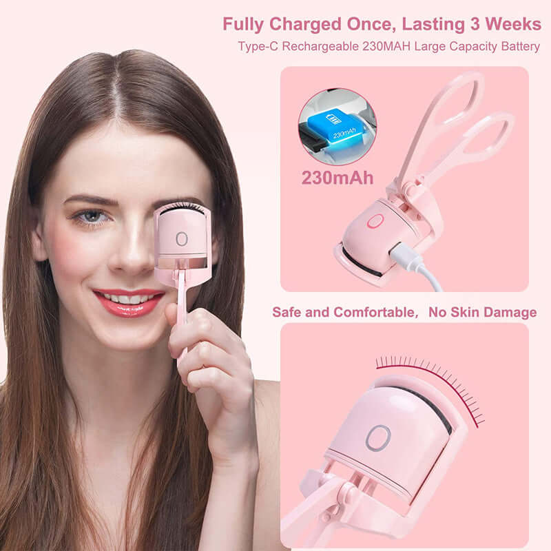 Woman using portable electric heated eyelash curler with Type-C charging, showcasing safe design and long-lasting battery life.