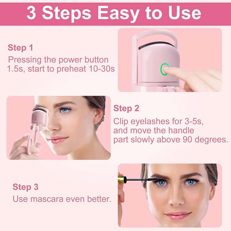 Easy three-step guide for using a portable heated eyelash curler for perfect lashes.
