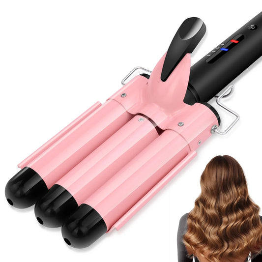 3 Barrel Curling Iron Hair Crimper, Dual Voltage Ceramic Tourmaline Three Barrels Hair Waver - 1-inch Curler Wand - Pink