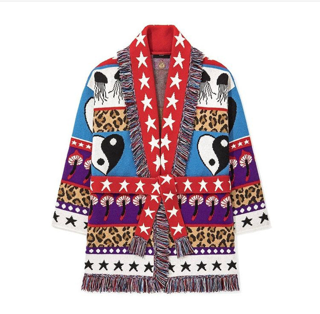 Star Jacquard Cashmere Sweater Cardigan European Style Slim Mid-length Coat