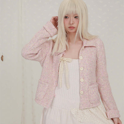 Cropped Long Sleeve Knit Lapel Sweater Cardigan