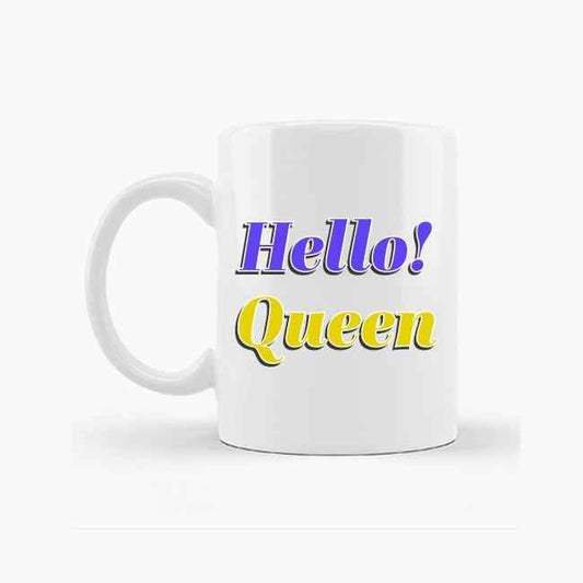 White Glossy Ceramic Mug Hello! Queen - THIRAPNS LLC