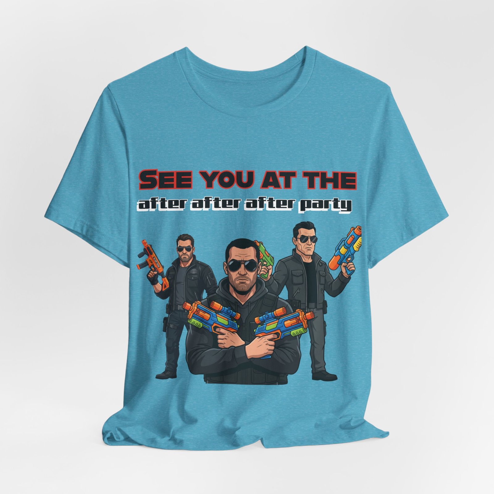 Light blue t-shirt featuring three characters in sunglasses holding colorful water guns and the text "SEE YOU AT THE after after after party".