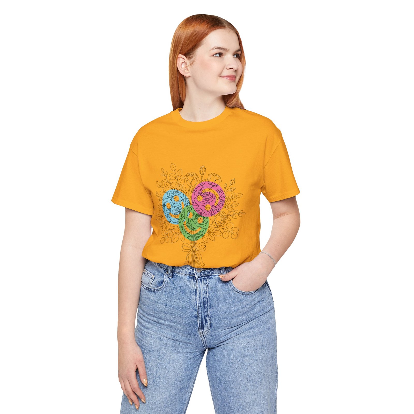 Yellow t-shirt featuring a hand-drawn bouquet of teal, magenta, and lime floral yarn blooms.