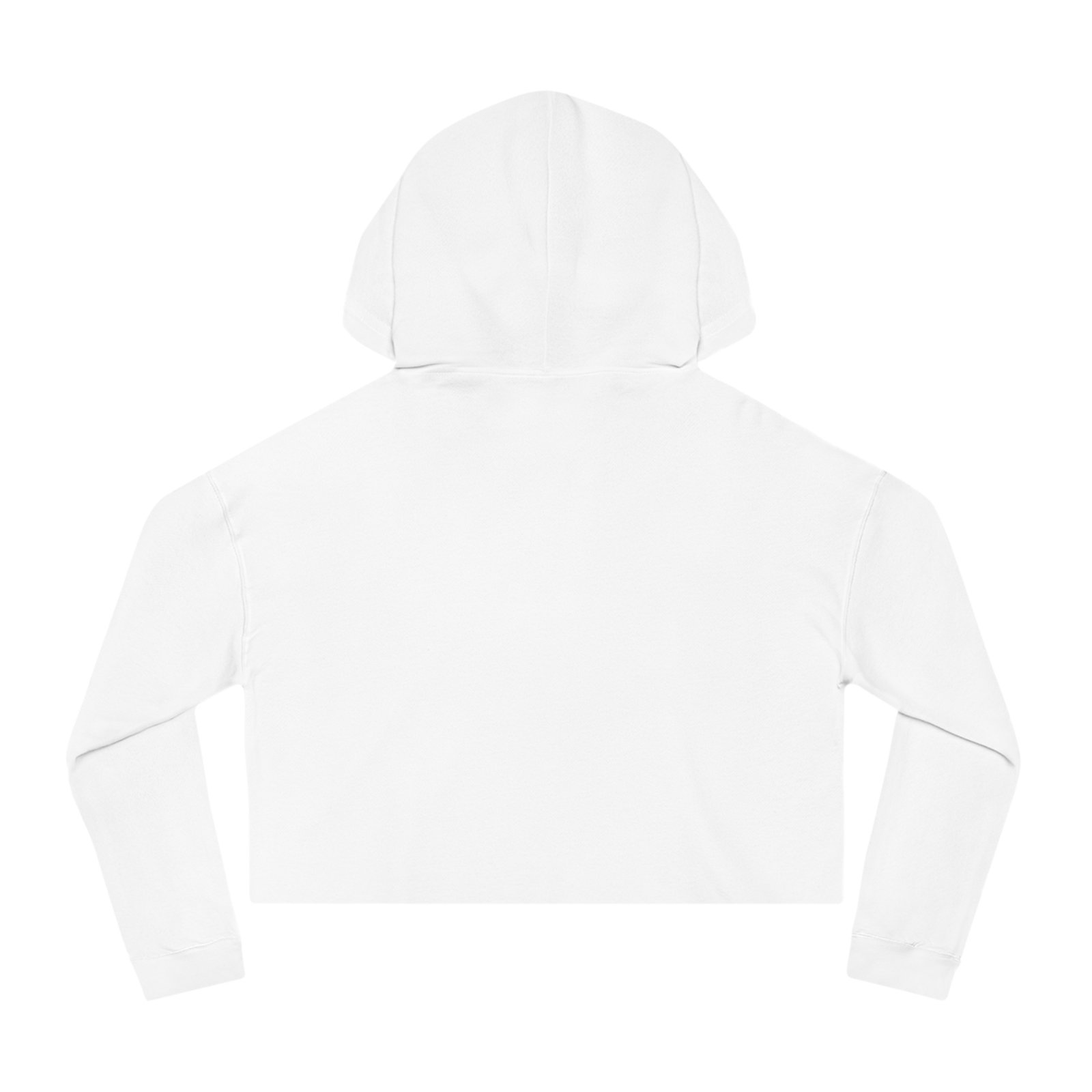 Back view of a white cropped hoodie with long sleeves and an adjustable hood.