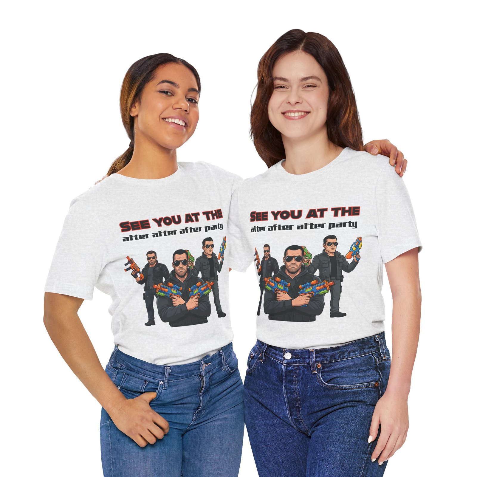 Two women smiling while wearing white "See You At The After After After Party" t-shirts featuring a water gun squad graphic.