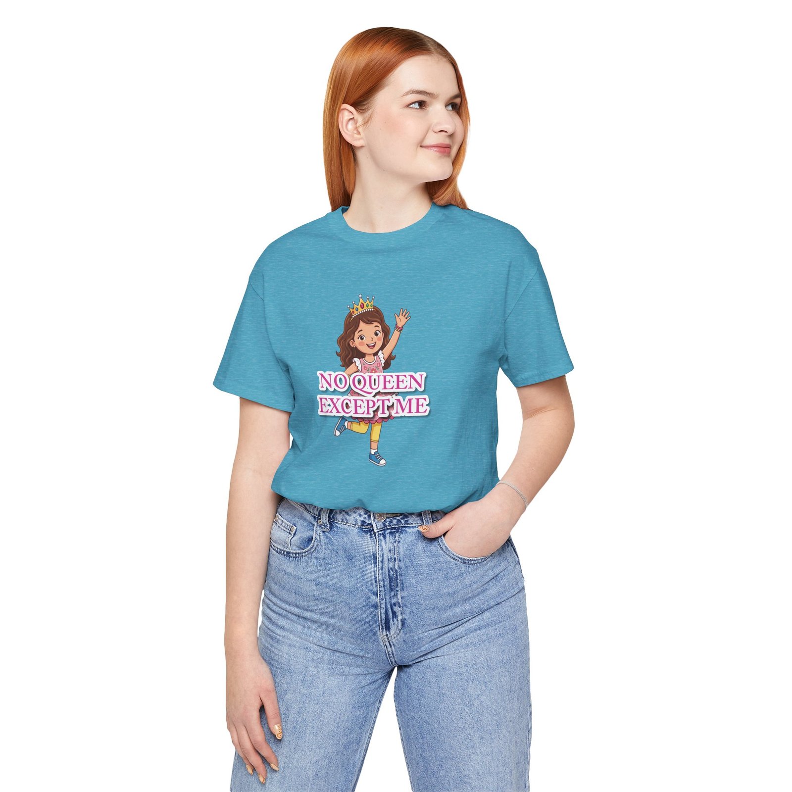 A young girl wearing a teal 'No Queen Except Me' girls' t-shirt with a whimsical illustration of a little queen.