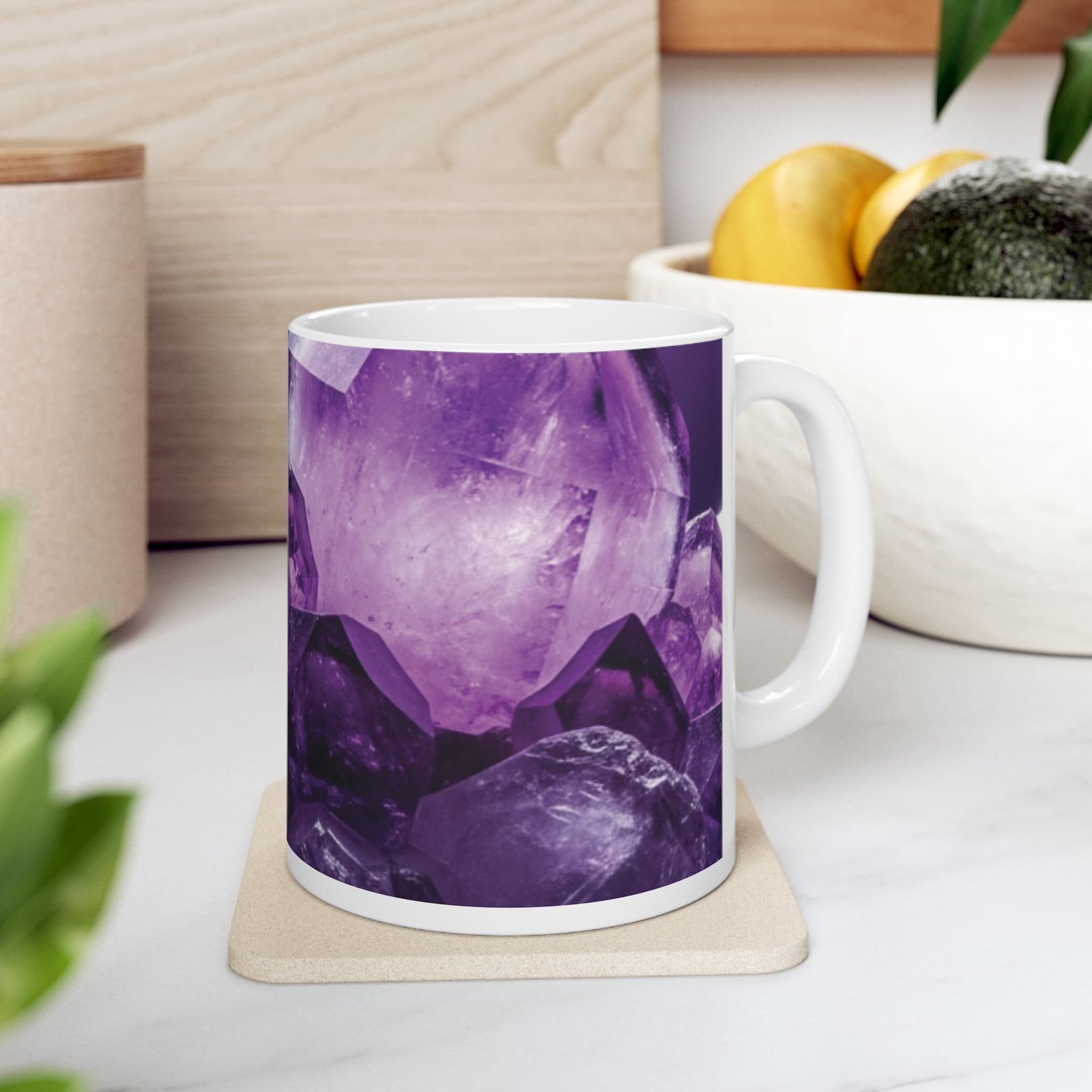 Amethyst crystal ceramic mug featuring a close-up print of deep purple gemstone facets on a glossy white surface.