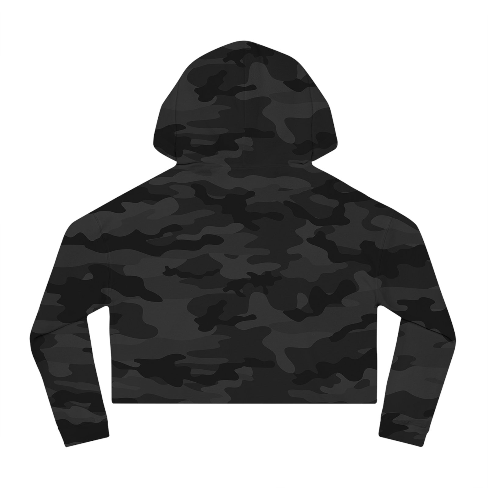 Back view of a black and dark grey camouflage pattern cropped hooded sweatshirt.