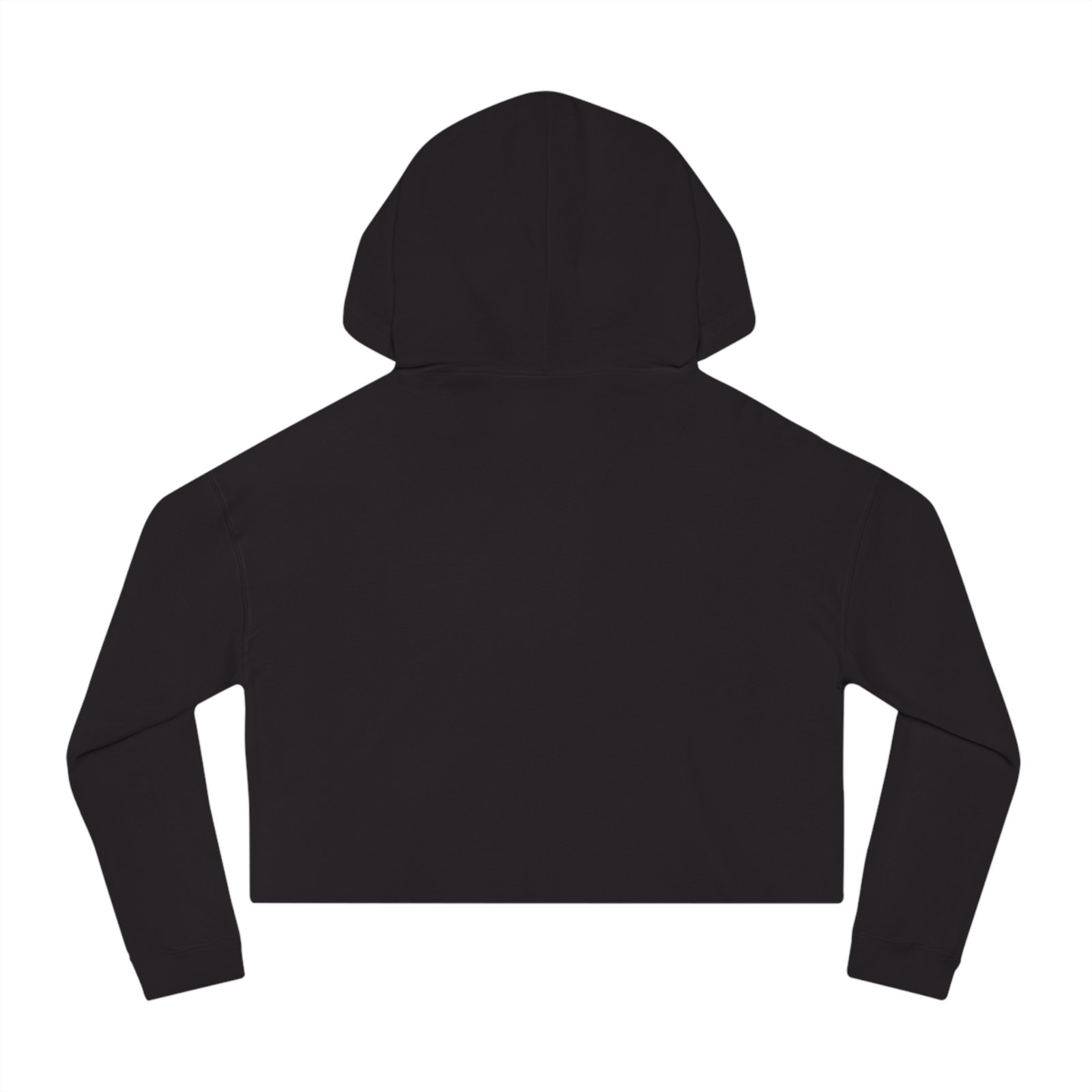 Back view of a black cropped hoodie with long sleeves and an adjustable drawstring hood.