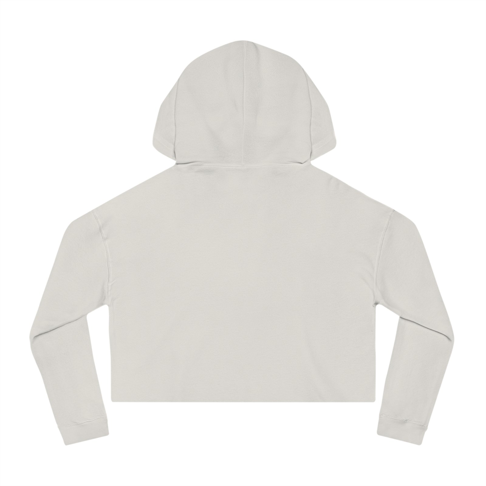 Back view of a light gray cropped hoodie with an adjustable hood and long sleeves.
