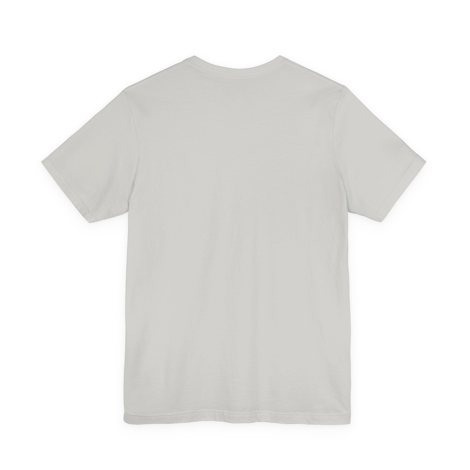 Back view of a light grey crew neck t-shirt shown against a white background.