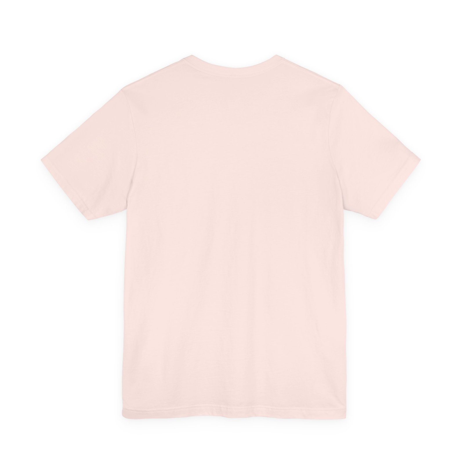 Back view of a light pink, short-sleeved crewneck t-shirt.