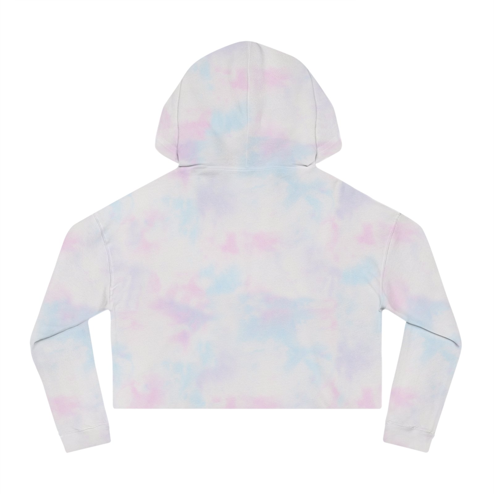 Back view of a pastel tie-dye cropped hoodie with a hood and long sleeves in light purple, blue, and pink tones.