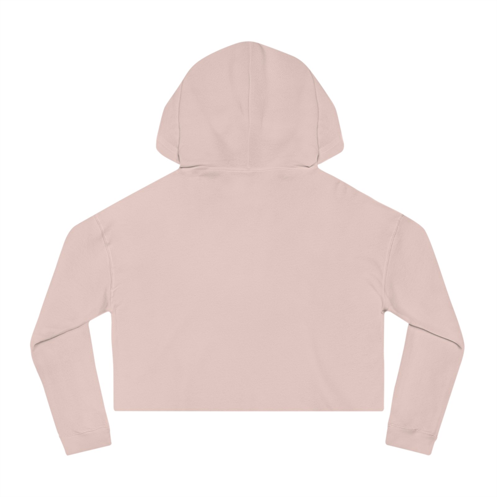 Back view of a plain, pale pink cropped hooded sweatshirt with long sleeves and an adjustable hood.