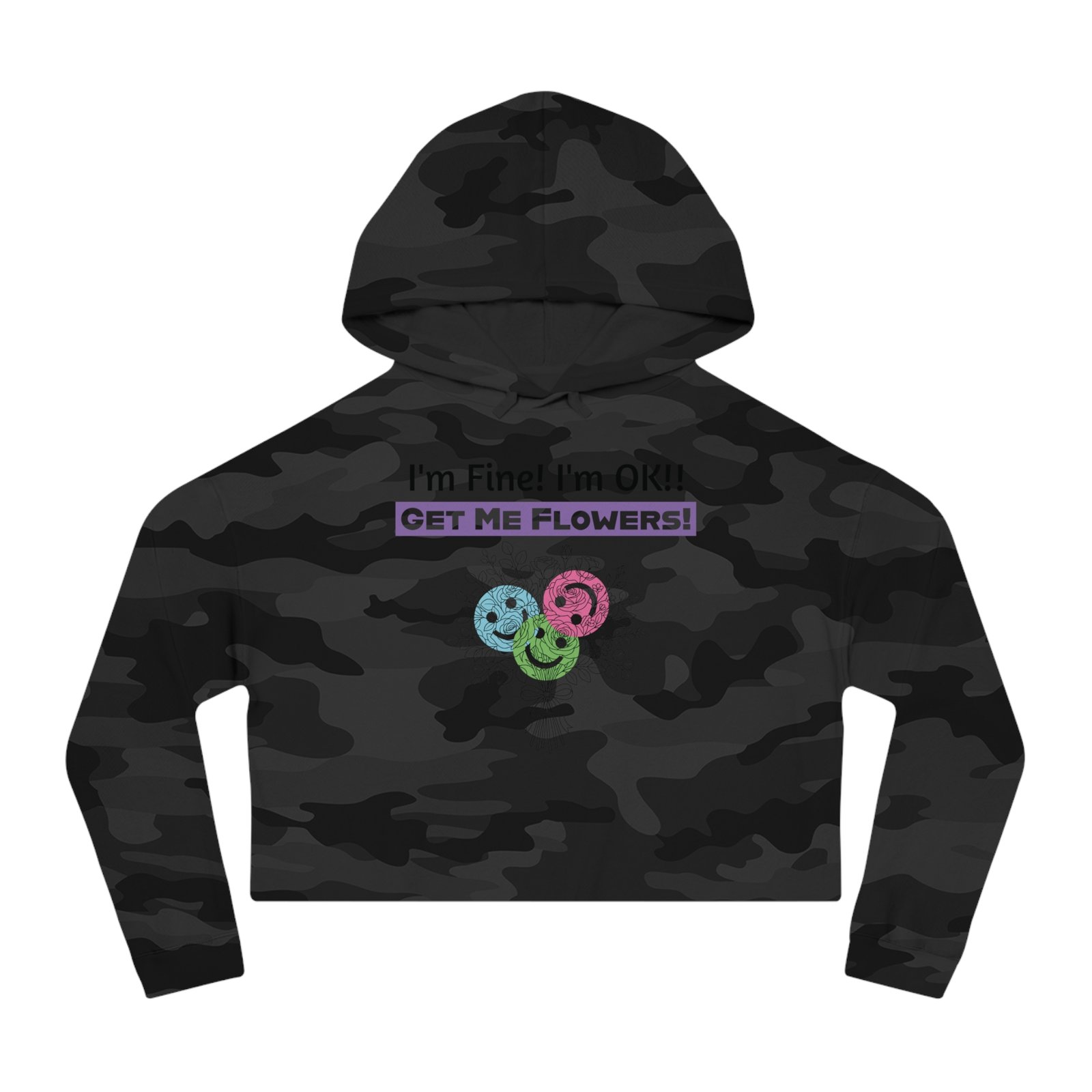 Black camo cropped hoodie featuring colorful smiley face flowers and Get Me Flowers text graphic