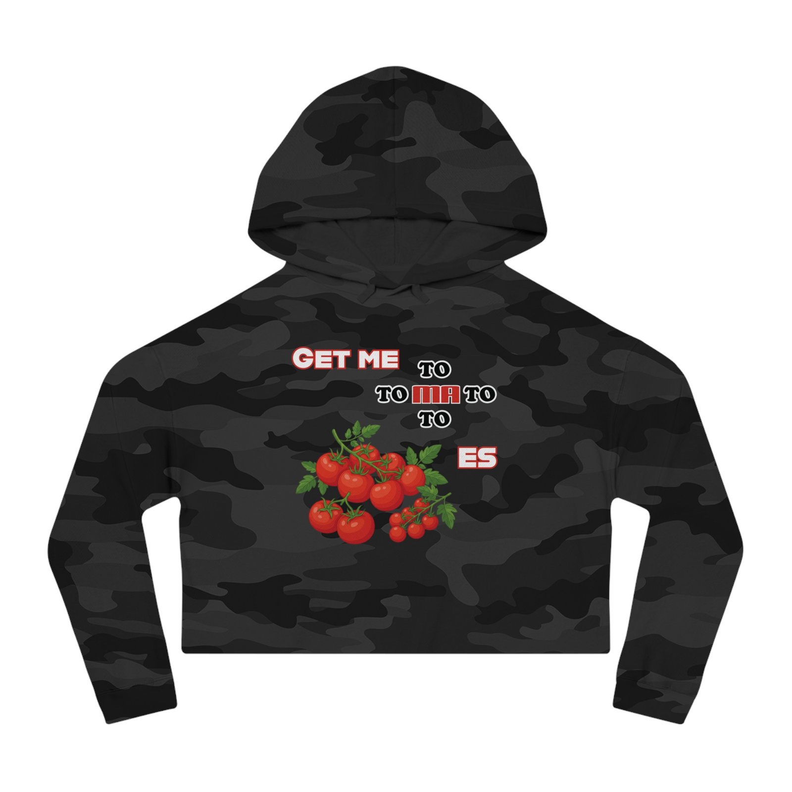 Black camouflage cropped hoodie featuring a tomato graphic and red Get Me To Tomatoes text.