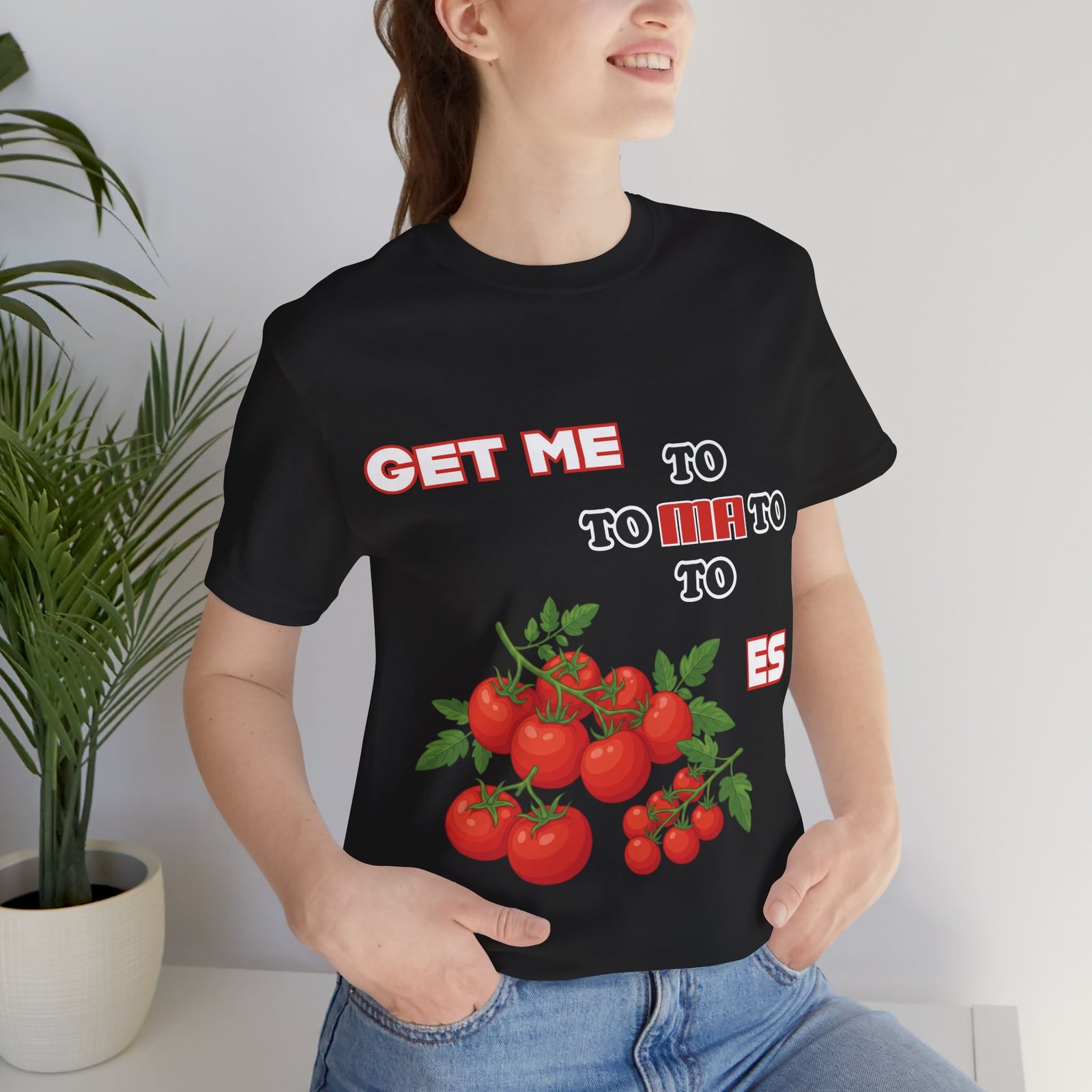 Black t-shirt featuring a vintage tomato illustration and the fragmented phrase Get Me To Ma To Toes.