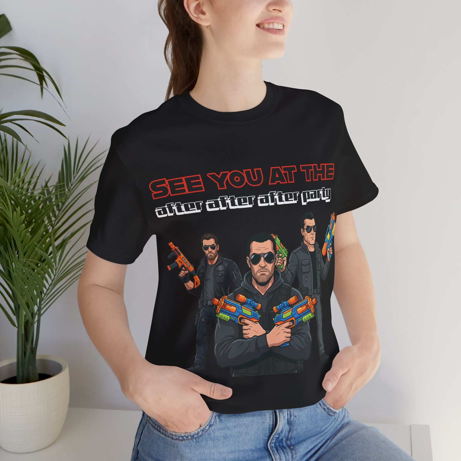 Black t-shirt featuring three characters in sunglasses holding colorful water guns with text See You At The After After After Party