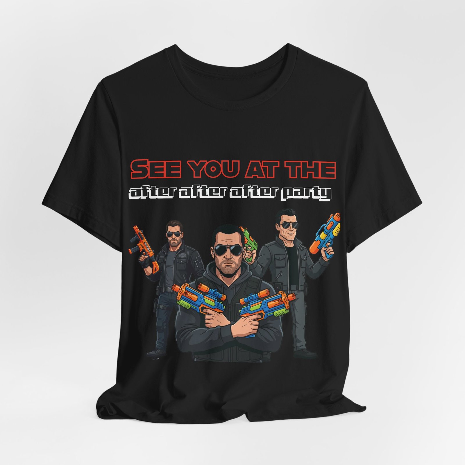 Black T-shirt featuring three men in sunglasses holding colorful toy water guns with text SEE YOU AT THE after after after party