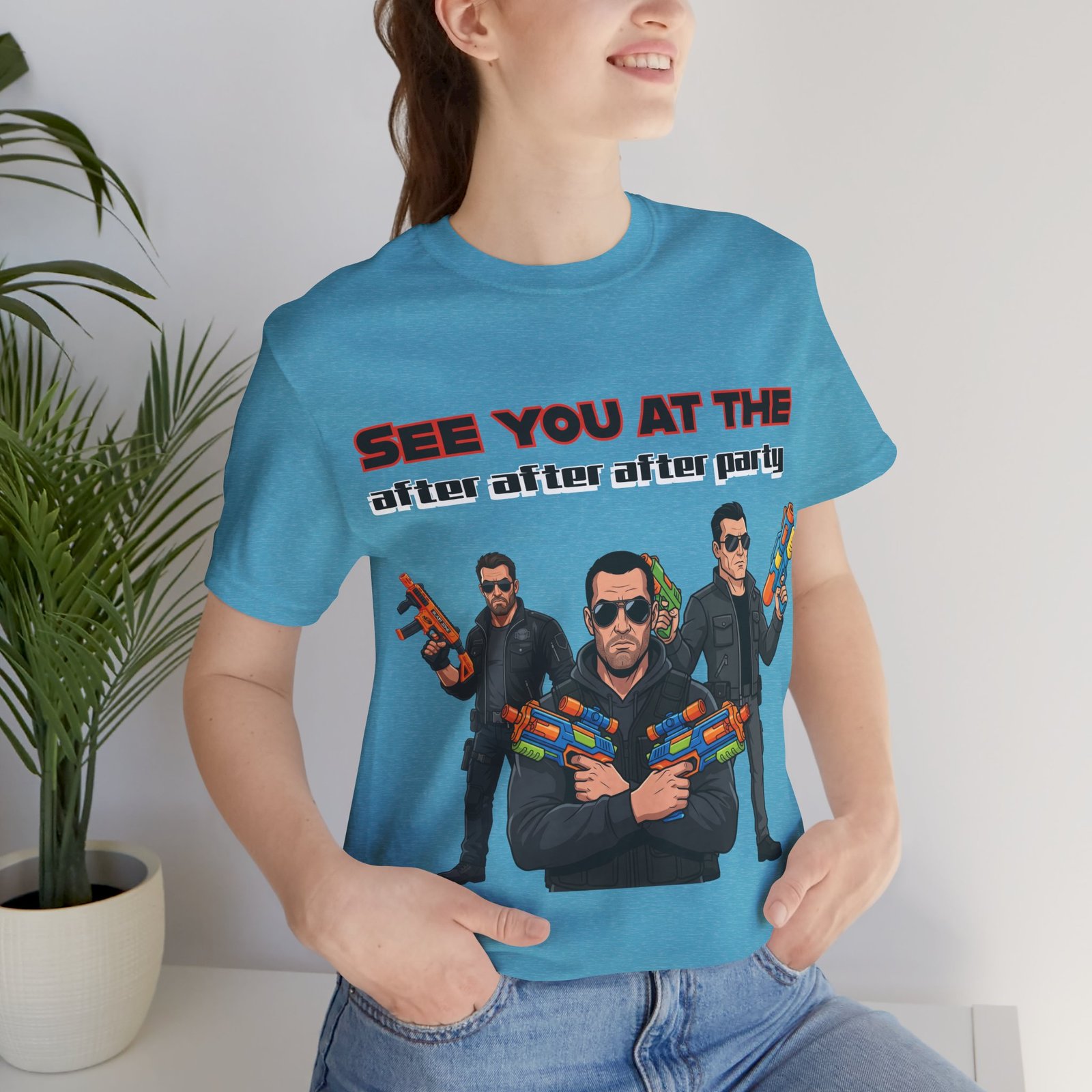 Blue t-shirt featuring three characters in sunglasses with colorful water guns and 'See You At The After After After Party' text.