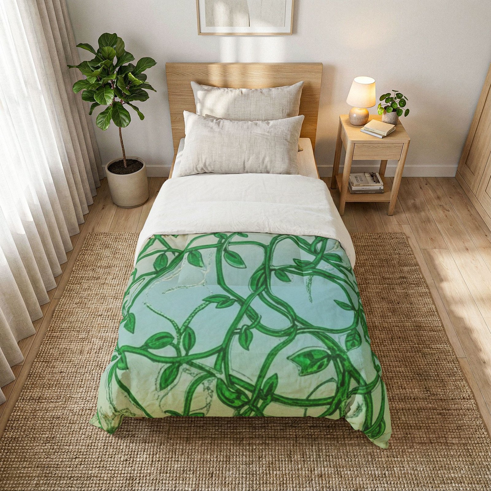 Botanical Vines Cotton Comforter featuring a green leafy vine pattern on a light background in a bright bedroom setting.