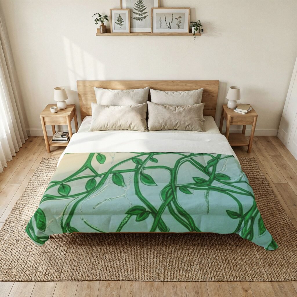Botanical Vines Cotton Comforter featuring green hand-drawn leaf motifs on a light teal background.