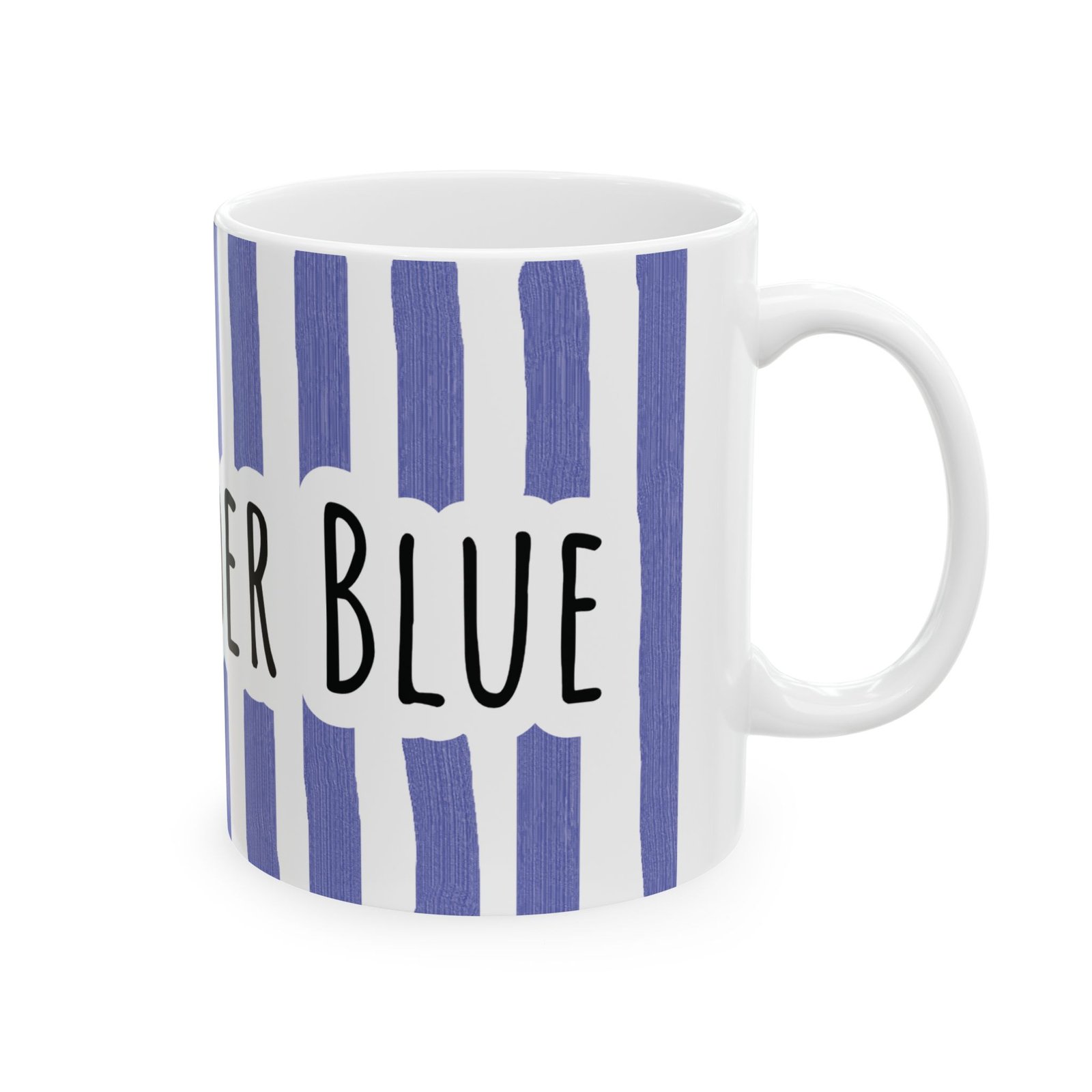 Ceramic mug with periwinkle vertical brushstroke stripes and hand-lettered 'STAY UNDER BLUE' text.