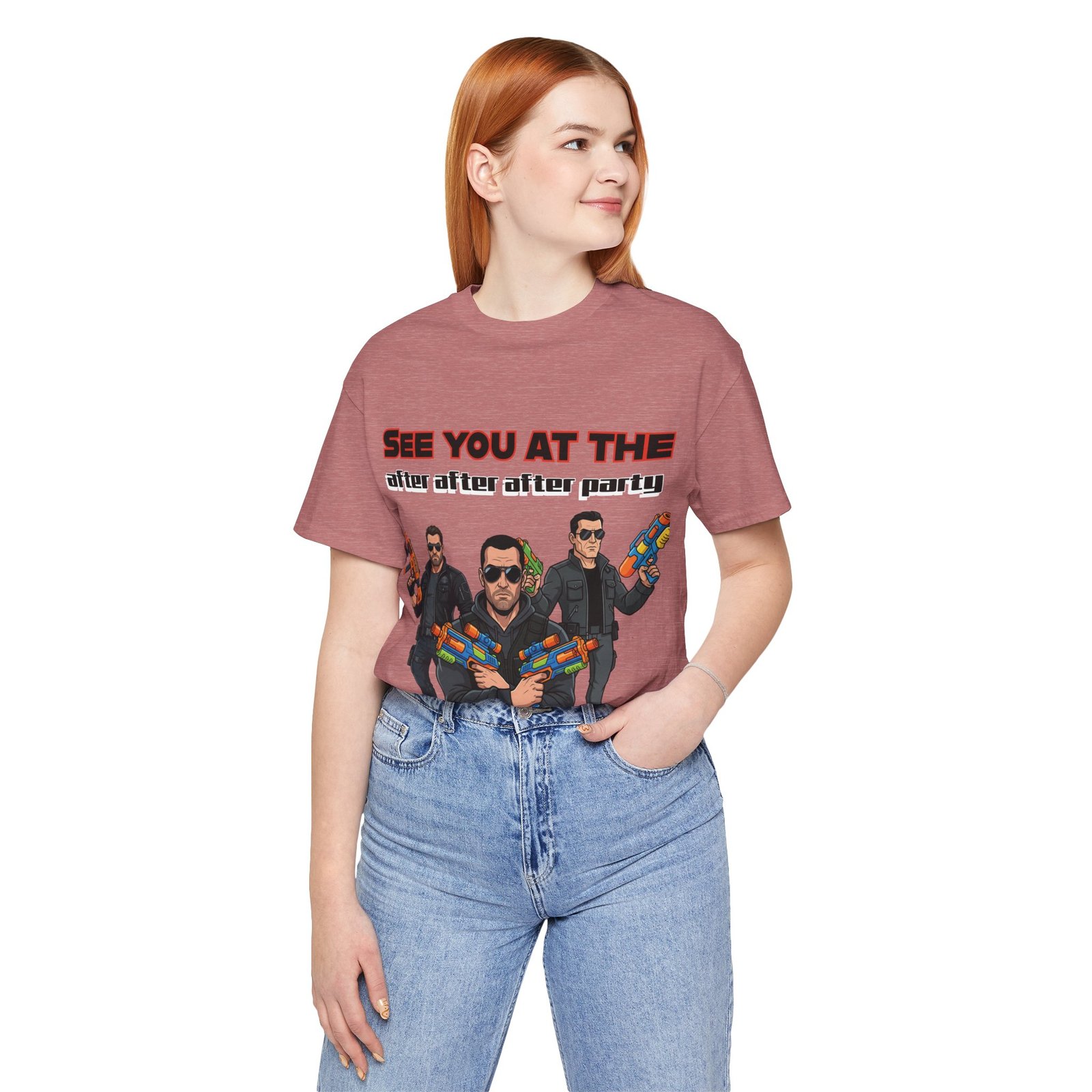 Dusty rose t-shirt featuring a graphic print of three characters in sunglasses with colorful water guns and text.