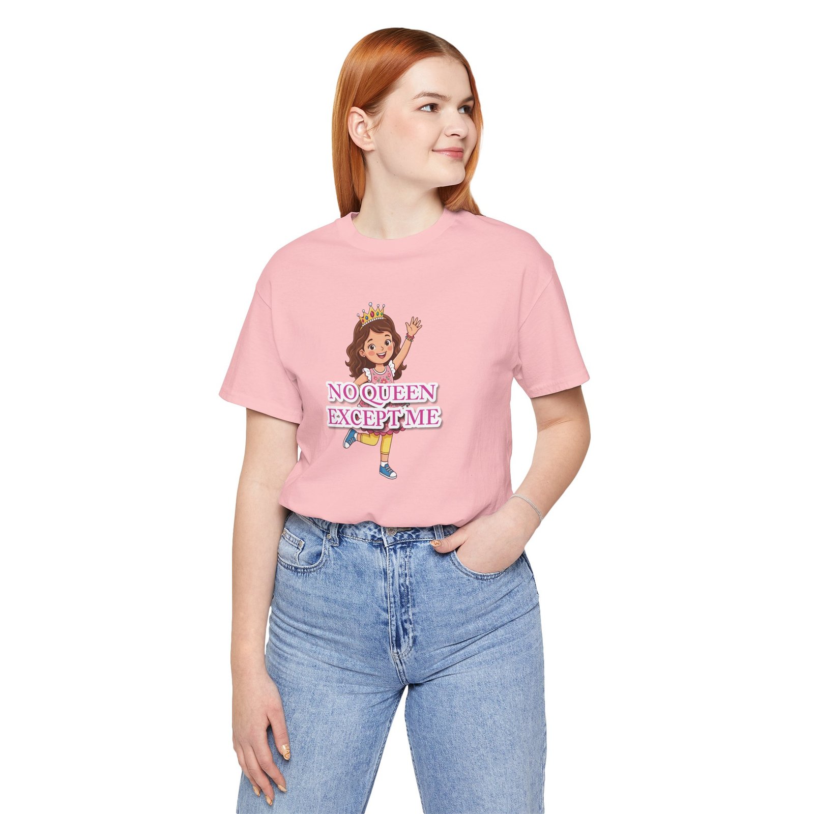 Girl wearing a pink No Queen Except Me Tee featuring a whimsical illustration of a little queen.