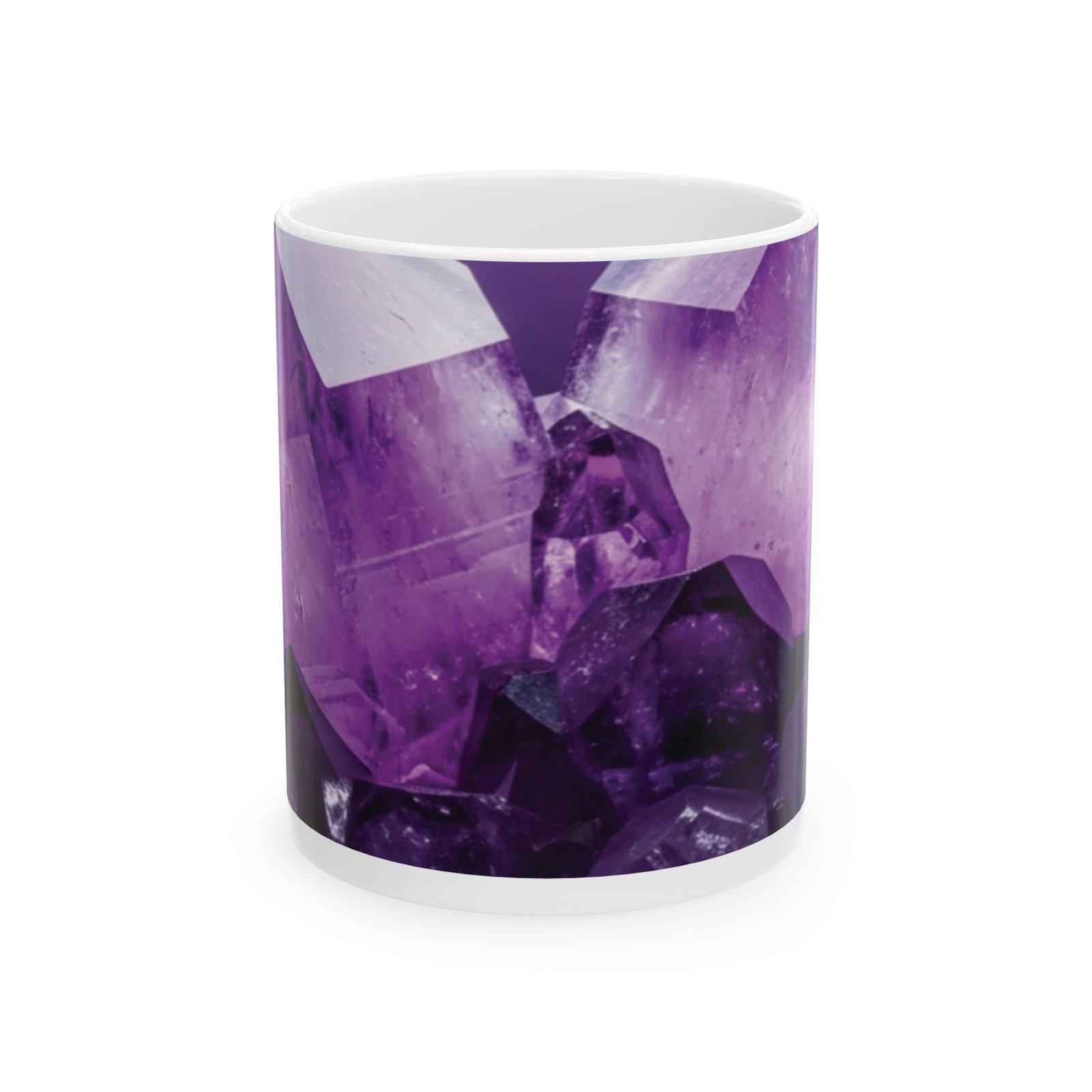 Glossy ceramic mug featuring a vibrant, close-up amethyst crystal print with deep purple crystalline facets.