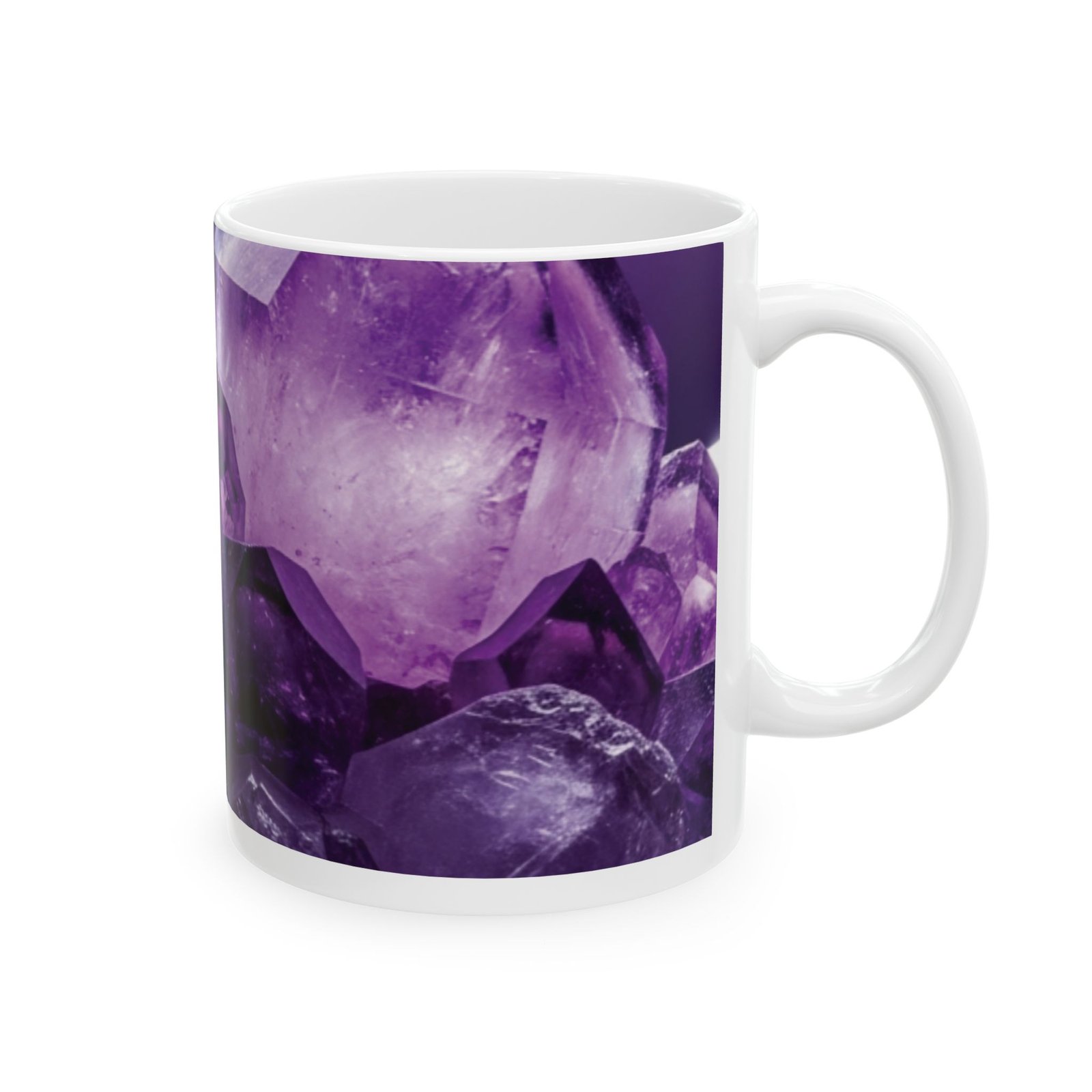 Glossy white ceramic mug featuring a vibrant close-up print of deep purple amethyst crystals.
