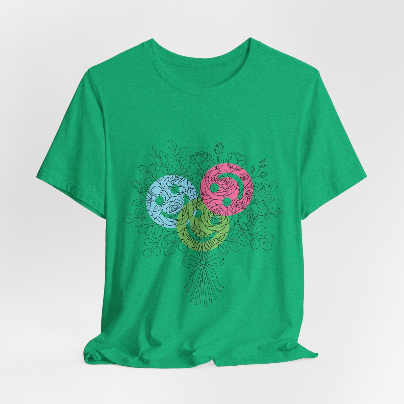 Green T-shirt featuring a hand-drawn bouquet with three colorful teal, magenta, and lime spiral flower blooms.