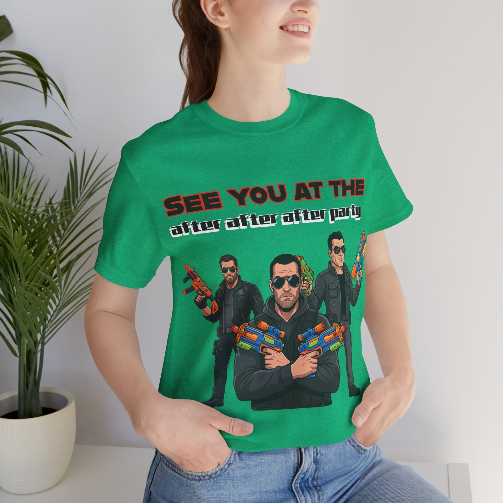 Green t-shirt featuring three cartoon characters in sunglasses holding colorful water guns and the text SEE YOU AT THE after after after party.