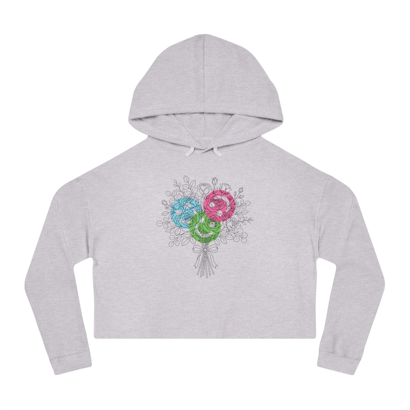 Grey cropped hoodie featuring a hand-drawn floral lollipop bouquet graphic in teal, magenta, and lime.
