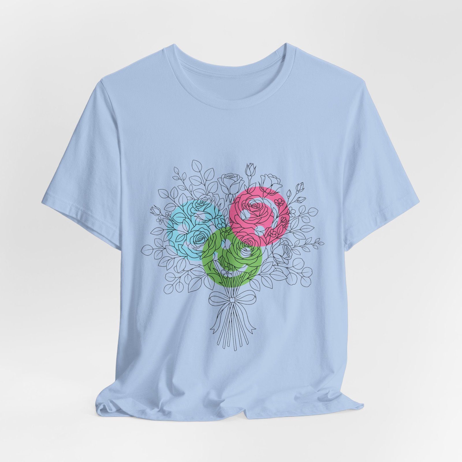 Light blue crew neck t-shirt featuring a hand-drawn floral bouquet with teal, magenta, and lime spiral blooms.