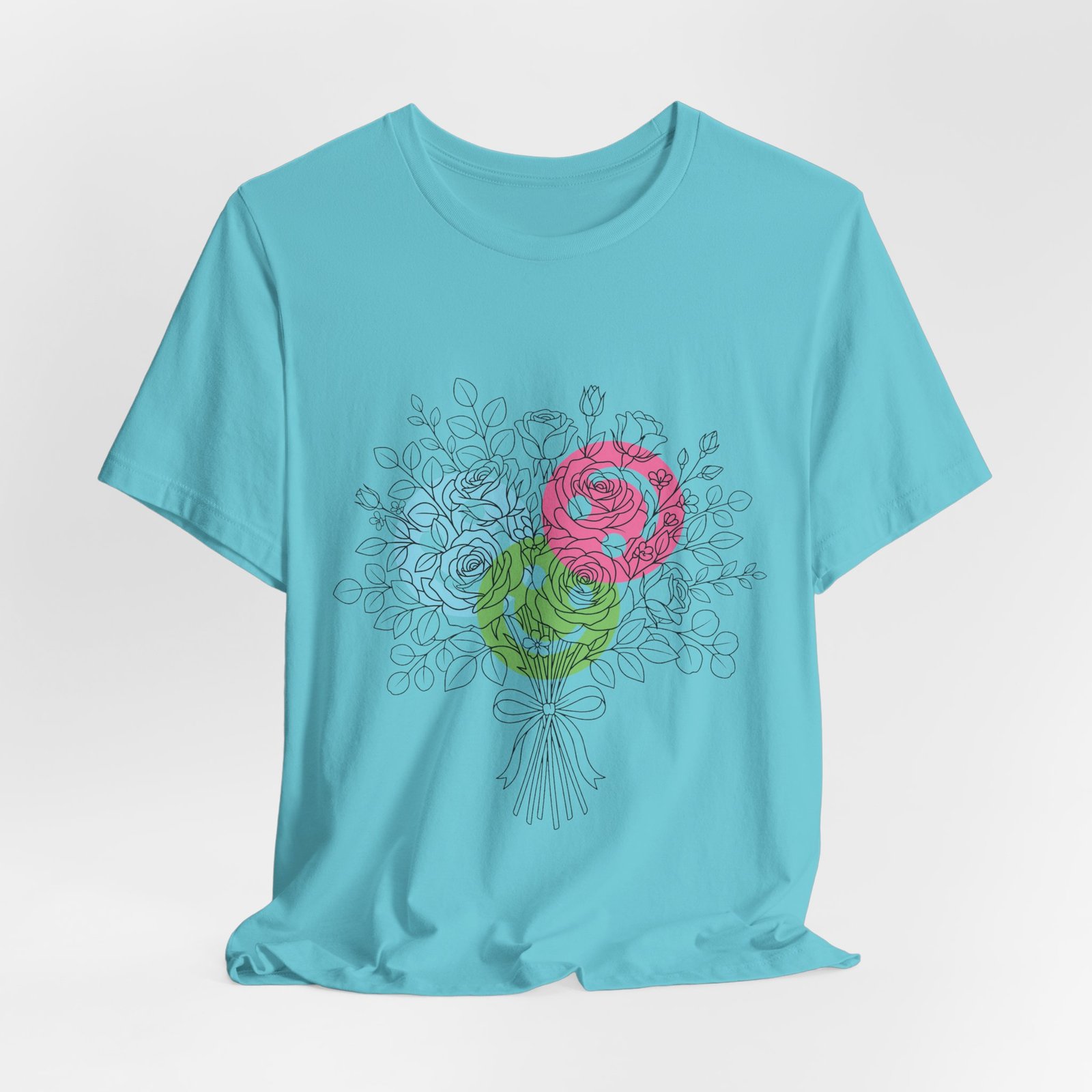 Light blue t-shirt featuring a hand-drawn bouquet with colorful magenta, lime, and teal spiral flower blooms.