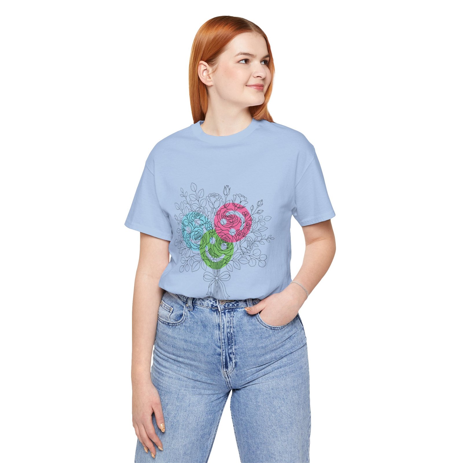 Light blue t-shirt featuring a hand-drawn floral bouquet with teal, magenta, and lime spiral blooms.