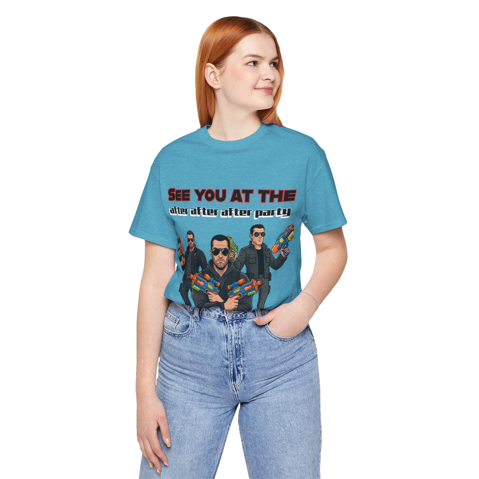 Light blue t-shirt featuring three characters in sunglasses holding colorful water guns and the text SEE YOU AT THE after party.