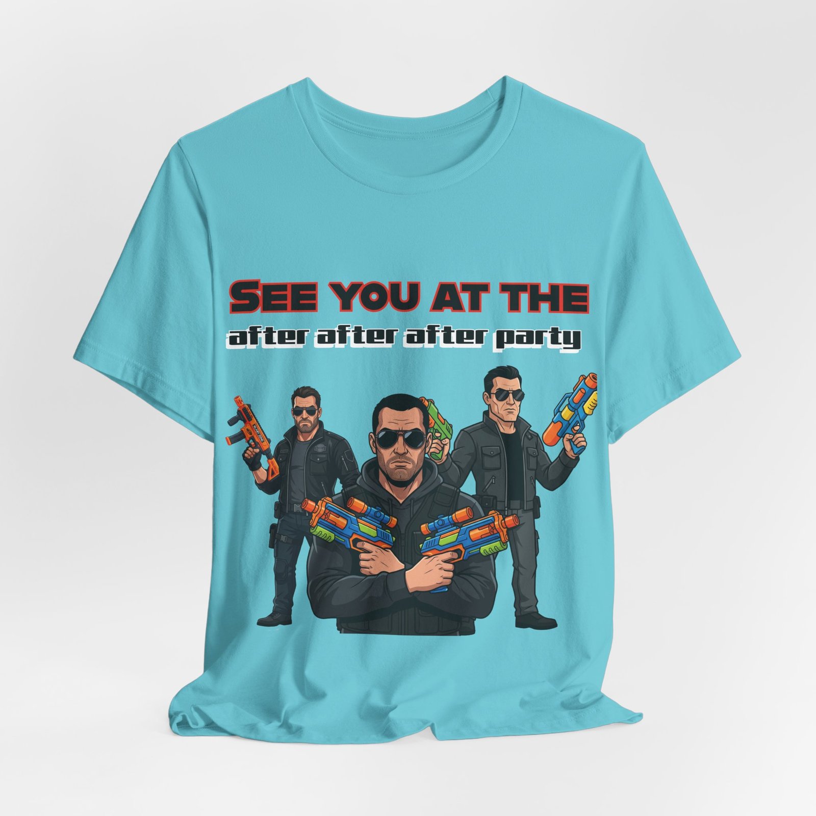 Light blue t-shirt featuring three characters in sunglasses wielding colorful water guns and the text "SEE YOU AT THE after after after party"