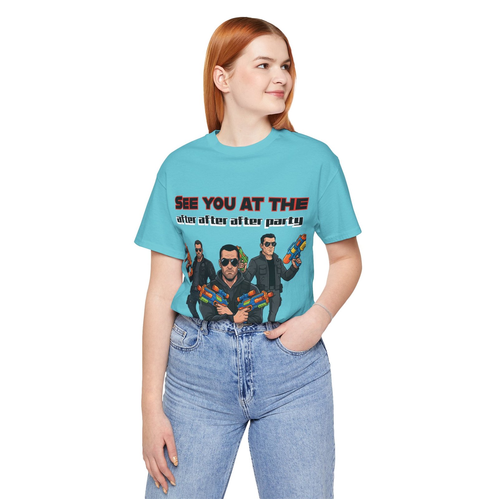 Light blue t-shirt featuring three characters with sunglasses and colorful water guns and text "See You At The After After After Party"