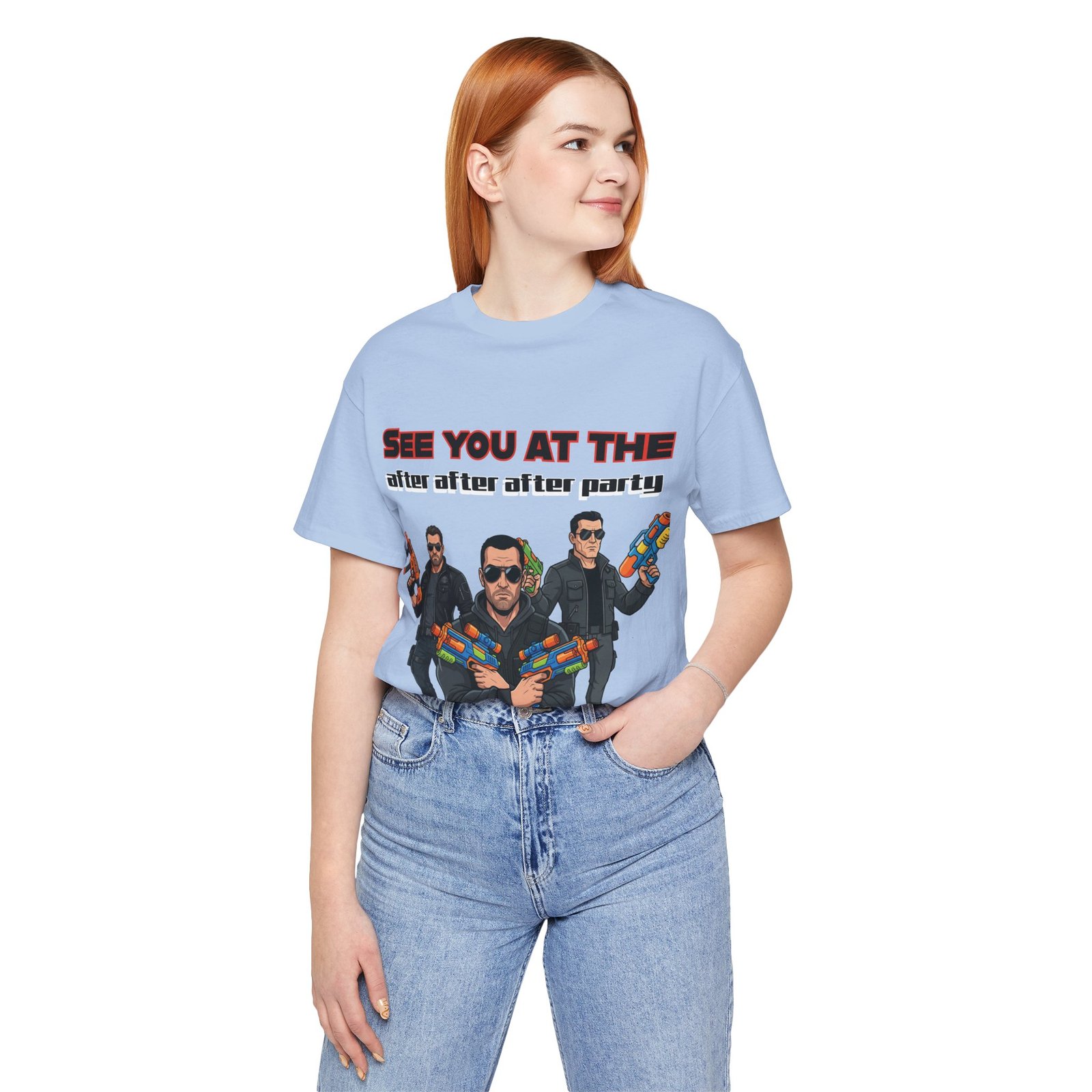 Light blue t-shirt featuring three characters with sunglasses and colorful water guns and the text See You At The After Party