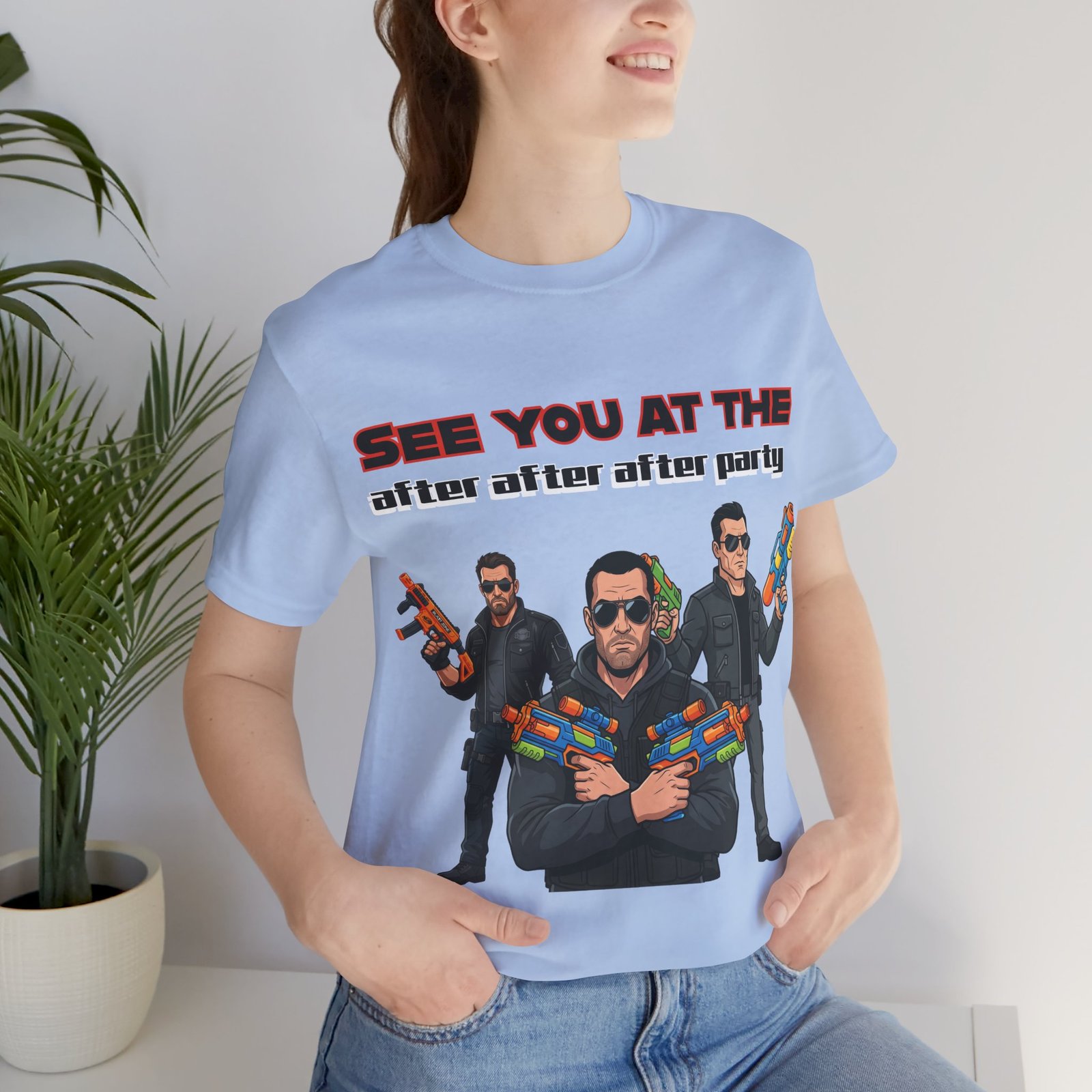 Light blue T-shirt featuring three characters with sunglasses and toy blasters and 'See You At The After After After Party' text.