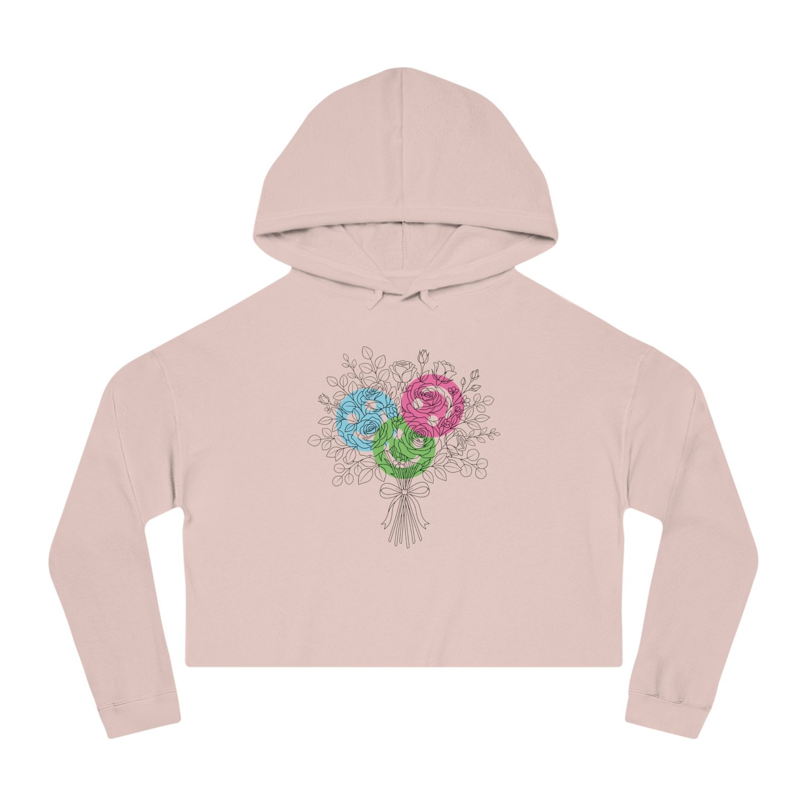 Light pink cropped hoodie featuring a hand-drawn bouquet of colorful teal, magenta, and lime lollipop-shaped flowers.
